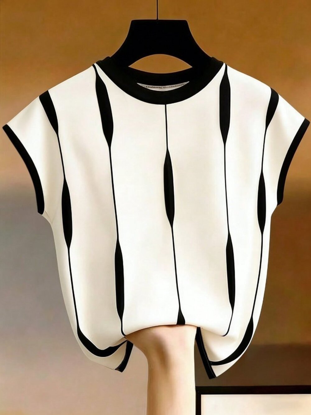 Black And White Casual Women's Contrast Stripe Knit Round Neck Top